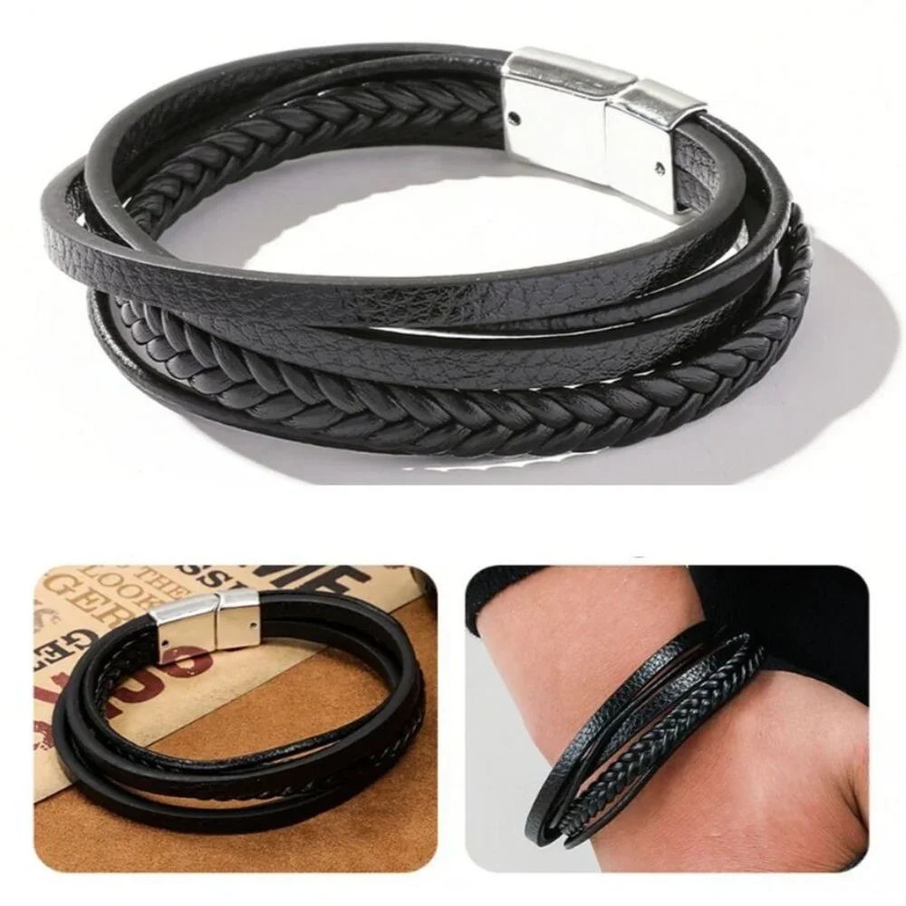 Vault Josef Mens Five Layer Silver Metal Clasp Leather Bracelet Black Gift Boxed